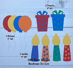 Handmade Paper Die Cut BIRTHDAY SET (BOY) Balloons Presents & Candles Scrapbook Page Embellishment-