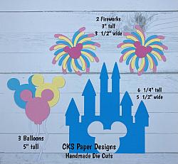 Handmade Paper Die Cut Disney Magic Kingdom CASTLE PASTEL Scrapbook Page Embellishment-disney castle fireworks balloons