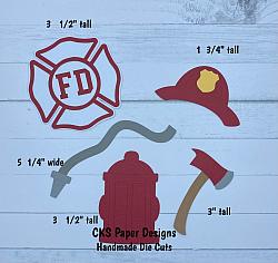 Handmade Paper Die Cut FIREMAN SET Firefighter Maltese Axe Hat Fire Hydrant Scrapbook Page Embellishment-