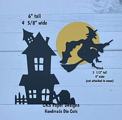 Handmade Paper Die Cut HALLOWEEN HAUNTED HOUSE & FLYING WITCH SILHOUETTE Scrapbook Page Embellishment-