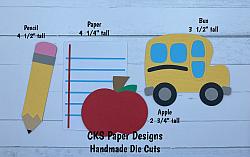 Handmade Paper Die Cut BACK to SCHOOL SUPPLIES Set Scrapbook Page Embellishment-school supplies pencil paper apple bus