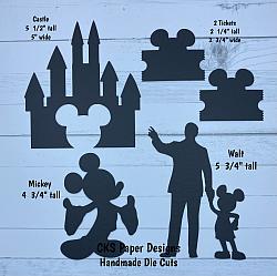 Handmade Paper Die Cut Disney Mickey Castle Walt & Tickets Silhouette Scrapbook Page Embellishment-